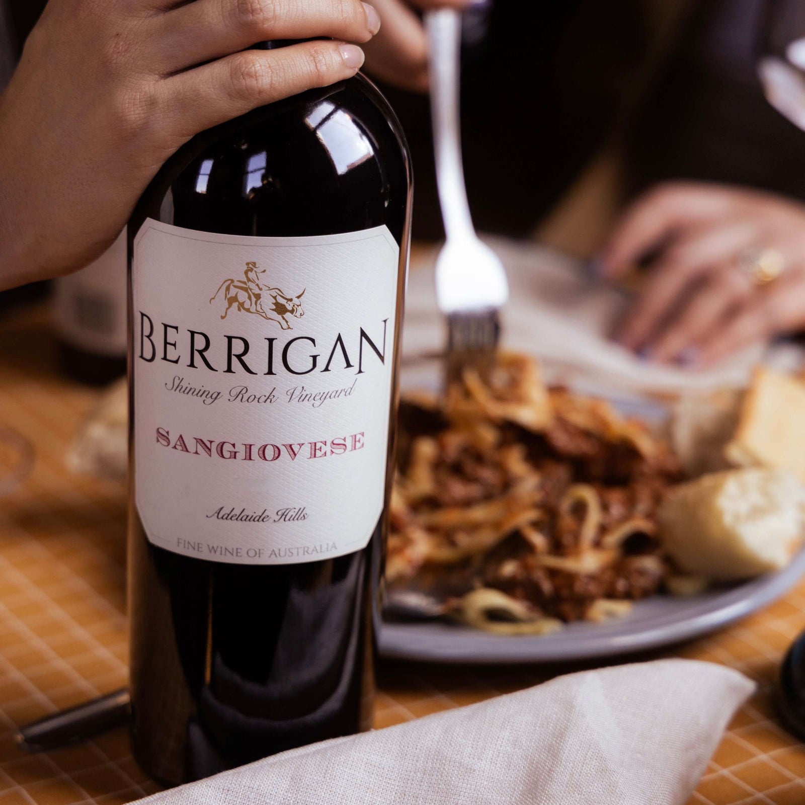 Berrigan Sangiovese bottle served with a meal