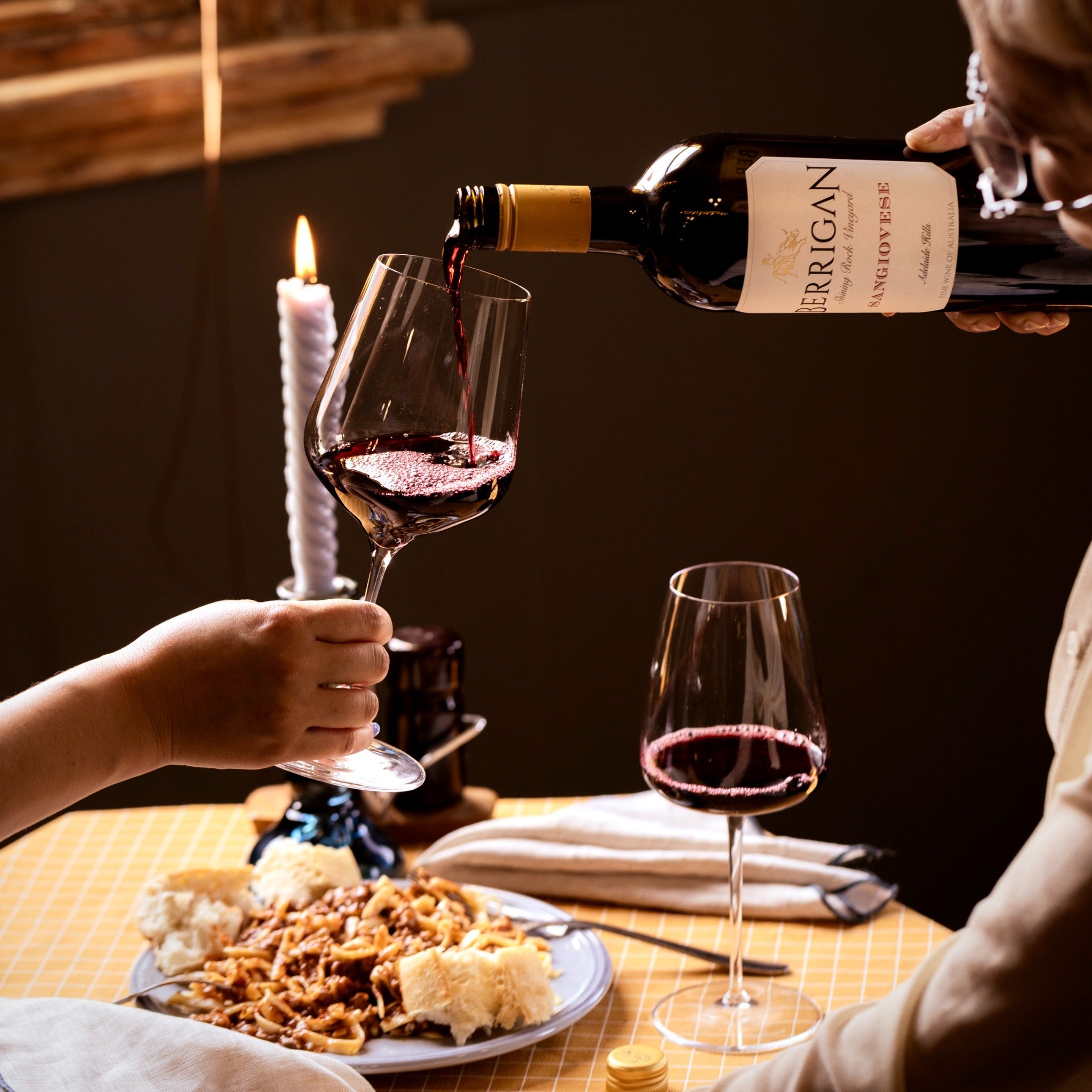 Berrigan Sangiovese poured into a glass at the table