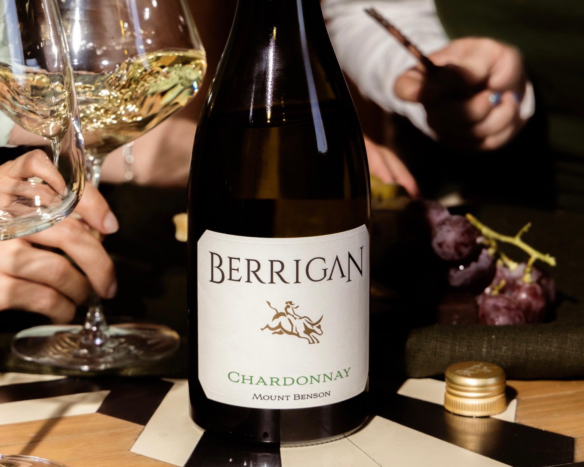 Close view of the Berrigan Chardonnay bottle at the table