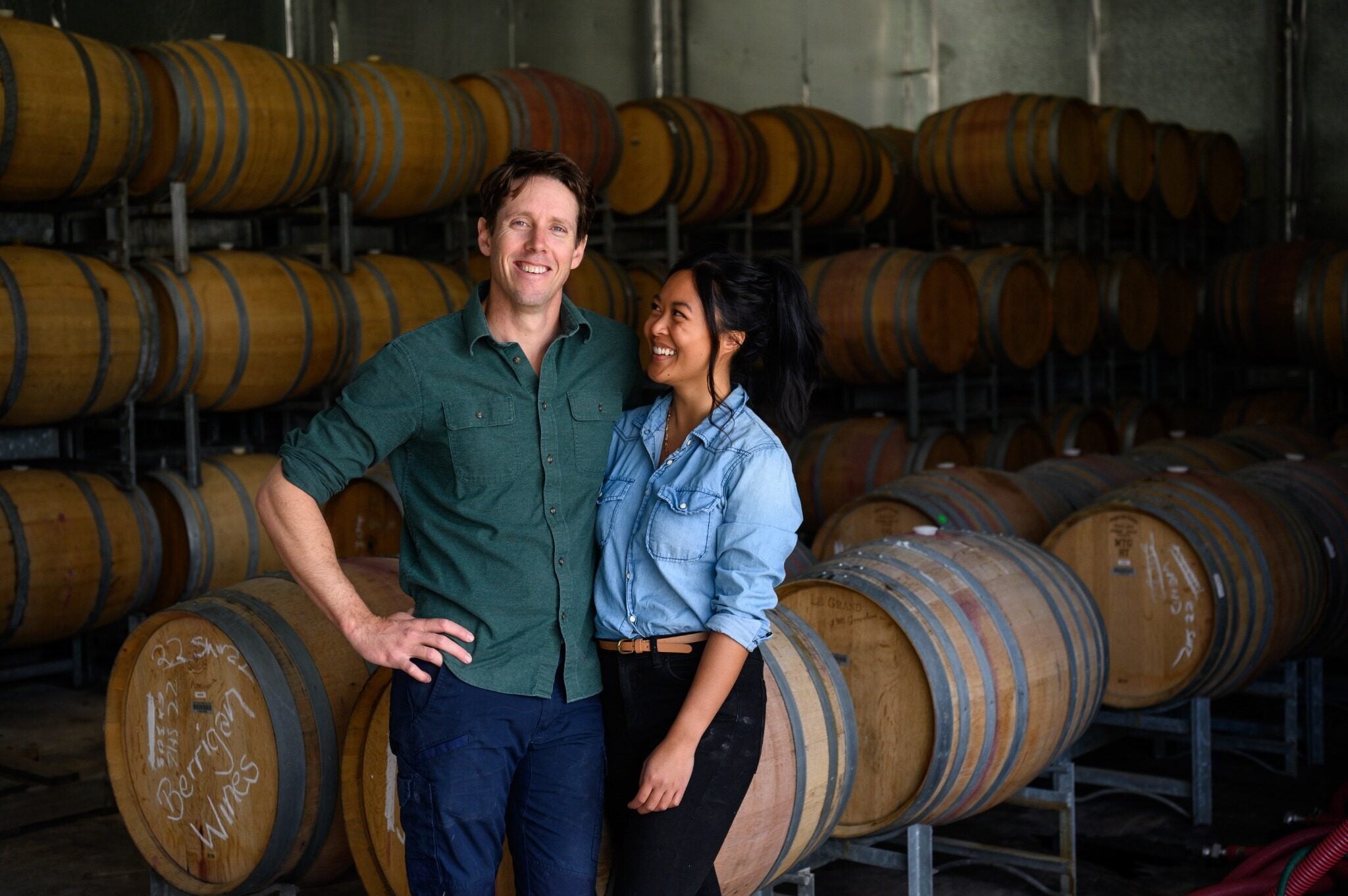 Dan Berrigan and Wendi Ticao together in their barrel room